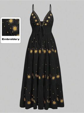SHEIN Black Maxi Dress with Gold Sun Embroidery